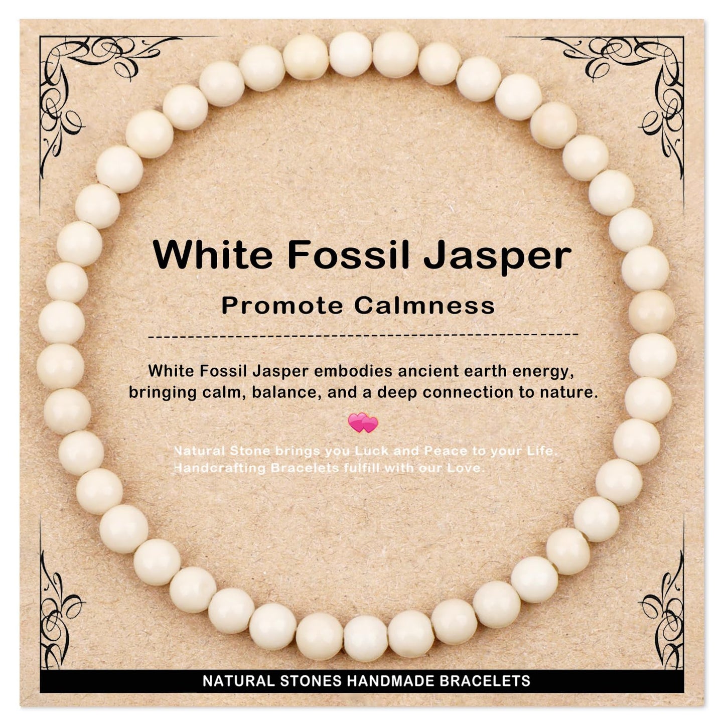 AD Beads 4mm Handmade White Fossil Jasper Elastic Bracelet – Natural Gemstone for Promote calmness – Meditation, Yoga, Healing and Energy Gift for Men Women
