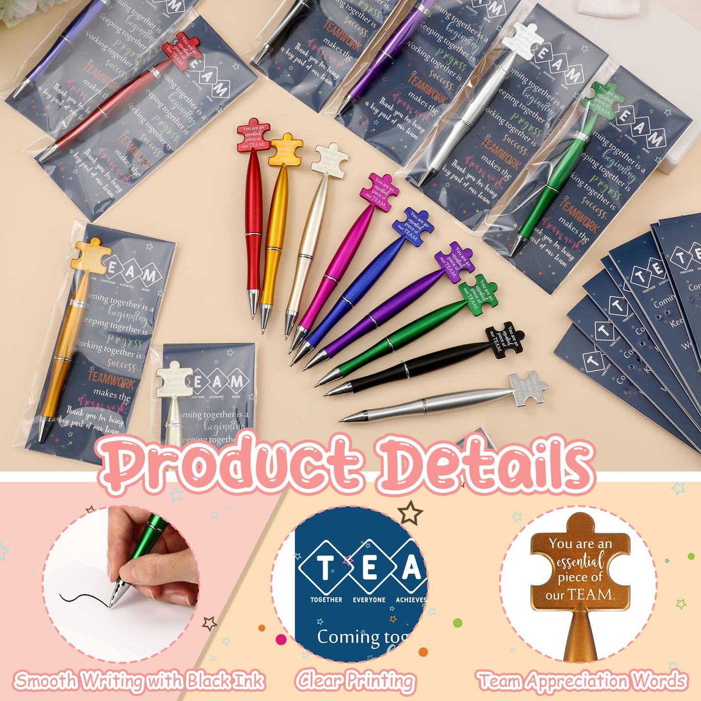 Sinload 30 Sets Team Appreciation Gifts Bulk Inspirational Puzzle Ballpoint Pens Motivational Cards Bookmark for Team Staff Office Coworker Employee Teamwork Gifts