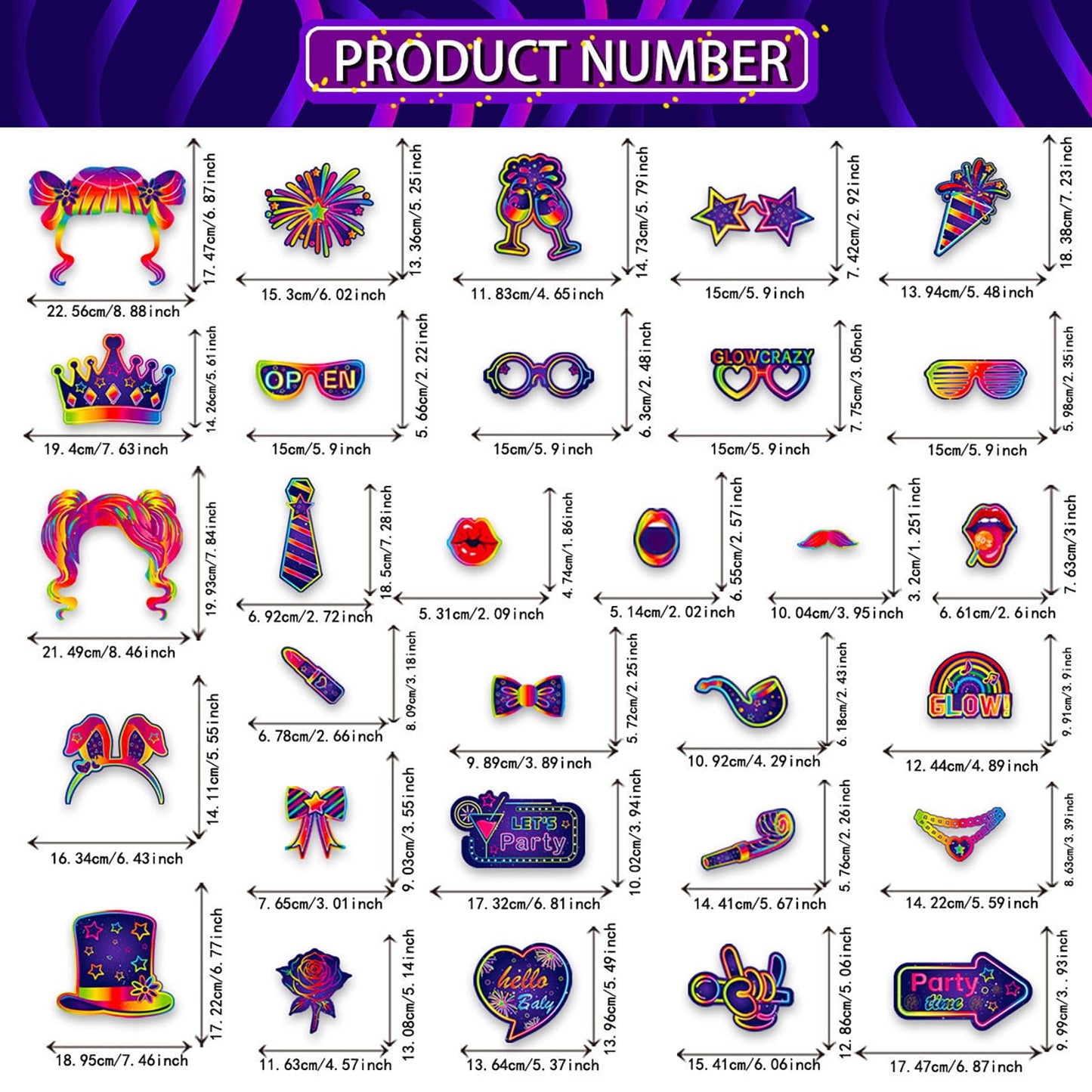 LMSHOWOWO 30PCS Neon Photo Booth Props, Glow Inflatable Photo Booth Frame, Funny Selfie Props for Neon Party Accessories Let's Glow in The Dark Birthday Party Wedding Carnival