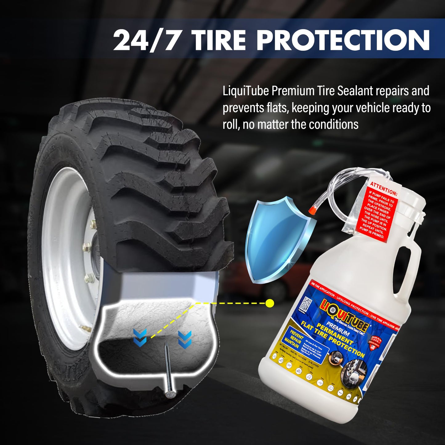 LiQuiTube Premium Heavy Duty Tire Sealant - Permanent Flat Tire Protection for Industrial and Off Road Tires - Maintain Air Pressure, Balance - Seal Punctures, Bead, Rim, Tire Weathering Leaks (1 Gal)