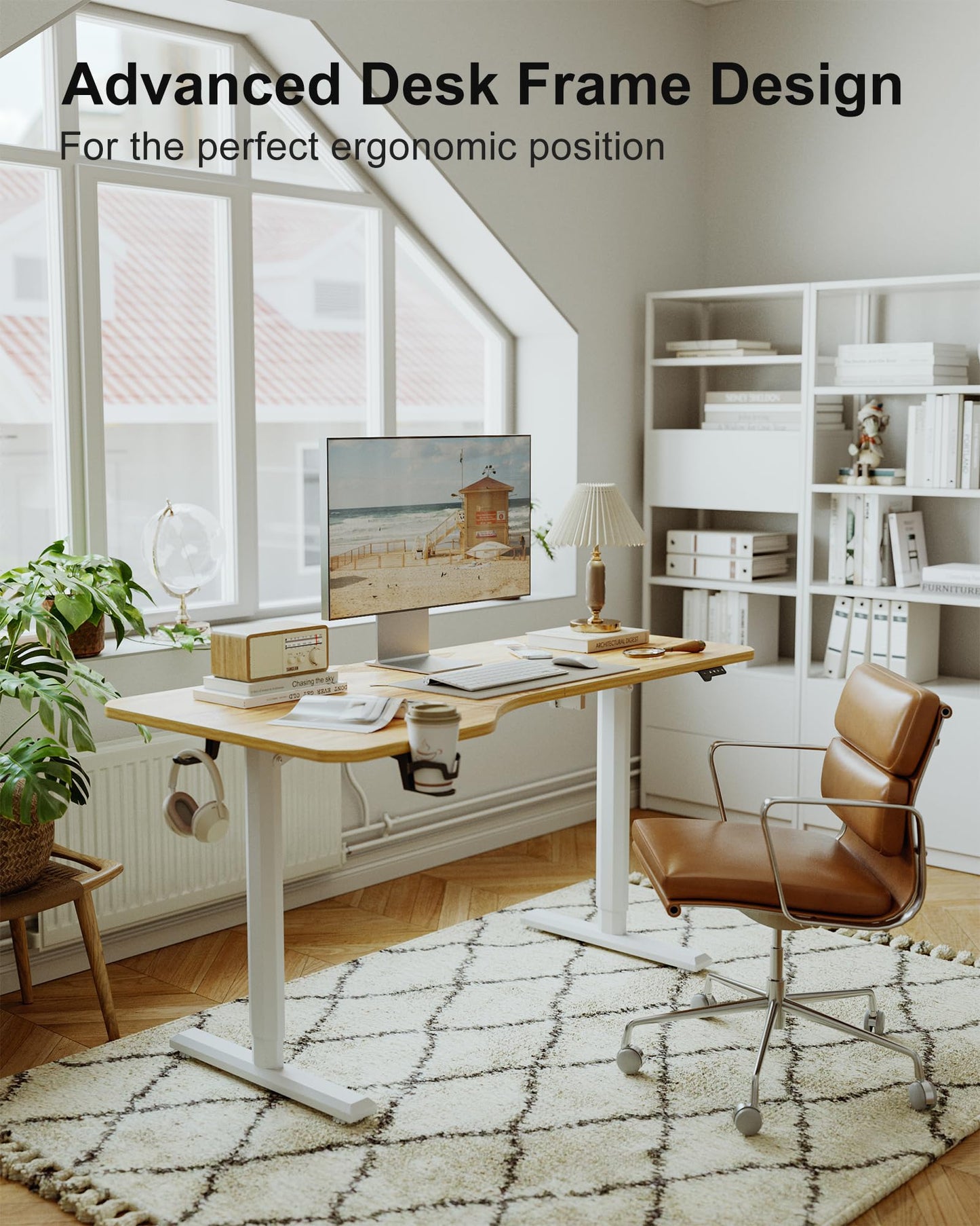 BANTI 63"x28" L Shaped Standing Desk, Electric Stand up Height Adjustable Home Office Table, Sit Stand Desk, Light Rustic Brown Top
