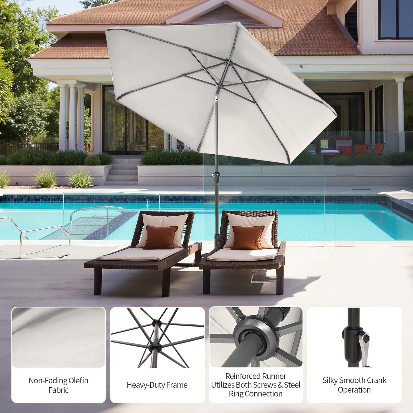 CROWN SHADES 9 Ft Patio Umbrella with Auto-Tilt & Olefin Fabric - Patented 45°Edge Connection Wind Resistant Outdoor Umbrella for Table, Pool, Beach, Effortless Crank System