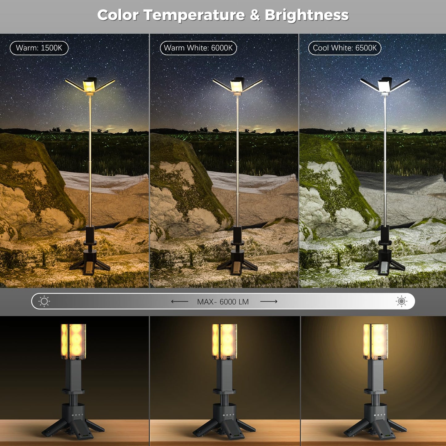 Clemas Telescopic Camping Lights Rechargeable 14000 mAh Led Multifunction Magnetic Lanterns Job Site Lighting Cordless Dimmable Camping Tent Lamp Portable Power Supply 6000LM IPX5 Waterproof