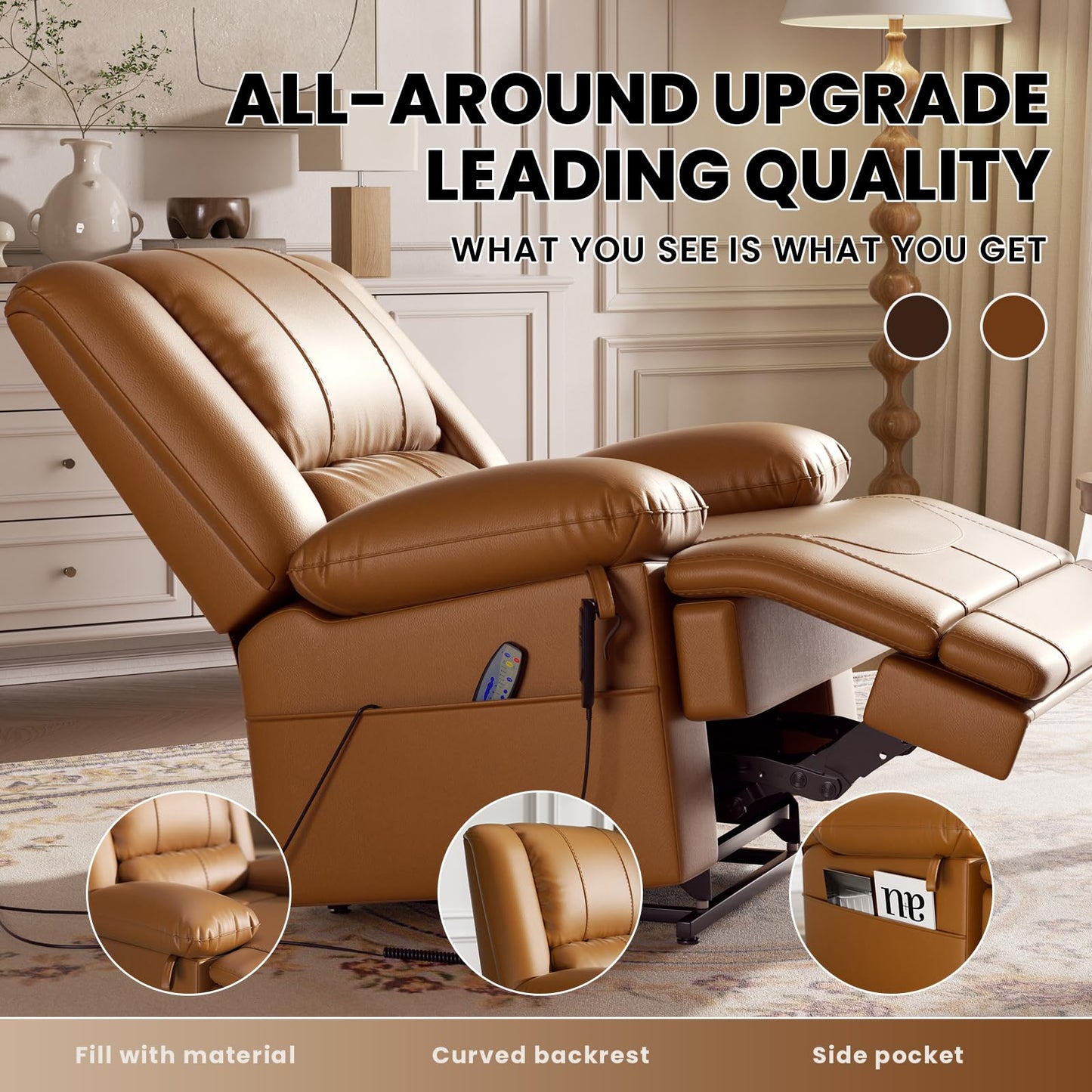 Couchus Large Dual Motor Power Lift Recliner Chair with Massage and Heat for Elderly People, Infinite Position,USB Ports and Remote Control,Breathable Leather (Yellow)
