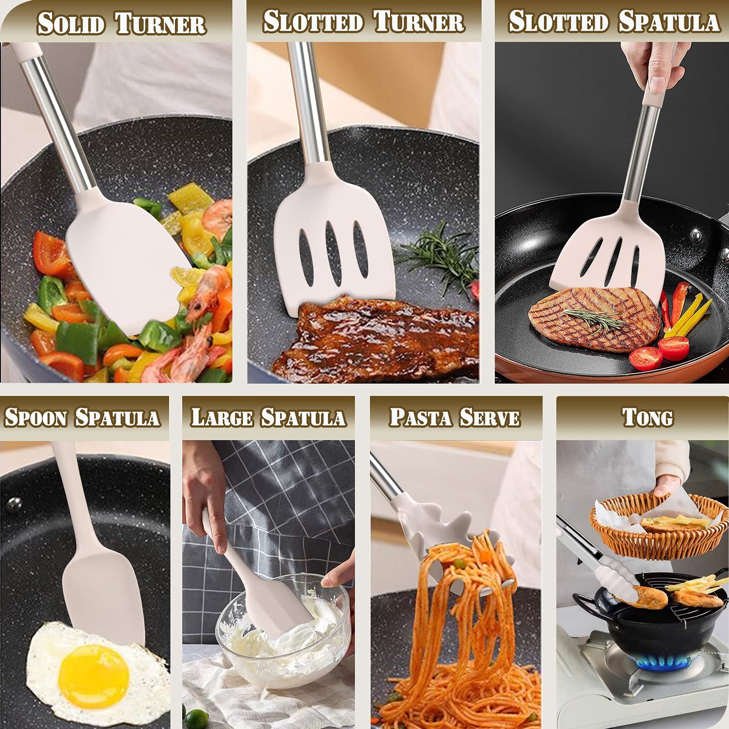 Umite Chef Silicone Kitchen Cooking Utensil Set, 43 pcs Spatula Set with Stainless Steel Handle, Non-stick Heat Resistant - Best Cookware Set-(Khaki)
