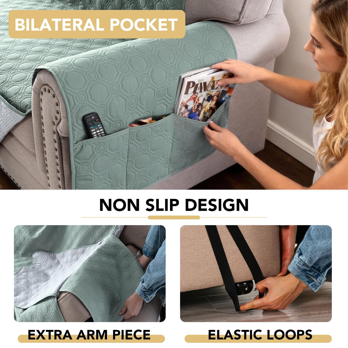 H.VERSAILTEX 100% Waterproof Couch Cover Thick Durable Sofa Slipcover with Storage Pocket Triple Nonslip Furniture Protector for Dogs, Children, Pets, Machine Washable (Sofa, Lily Pad)