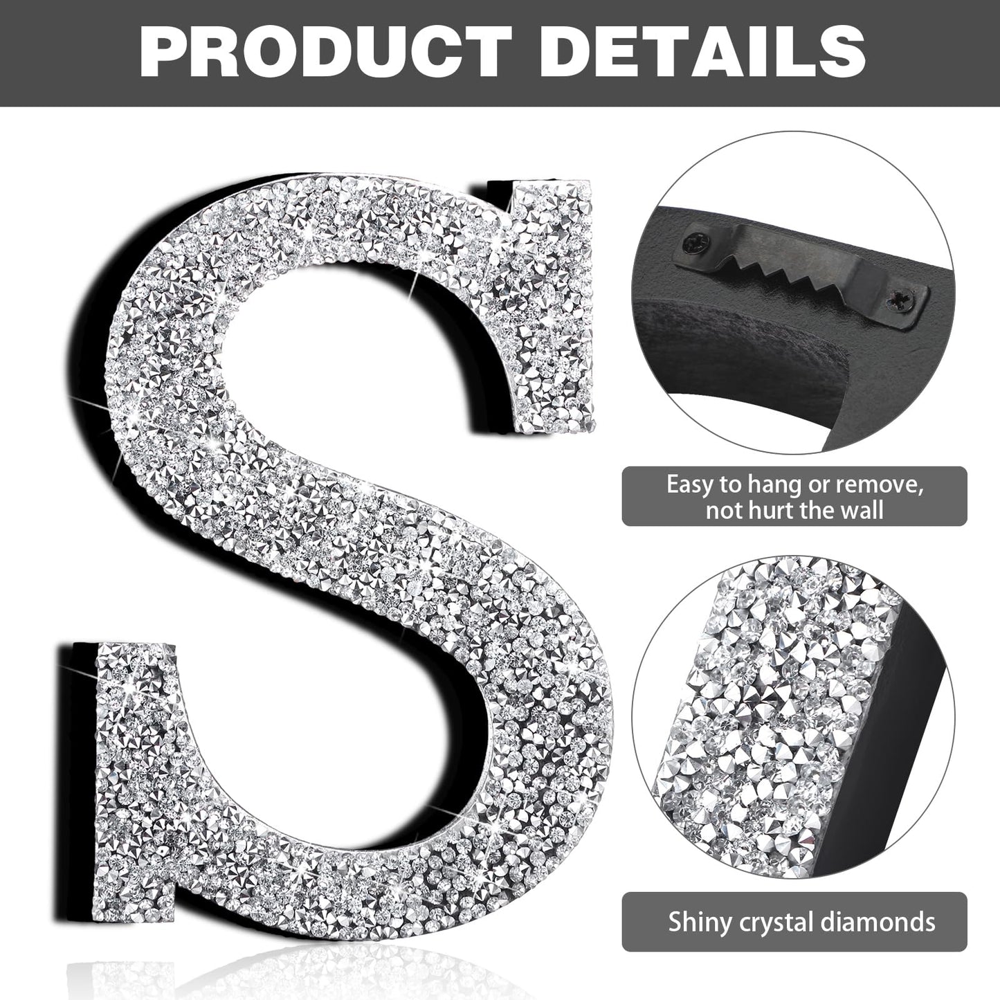 Qunclay Silver Crystal Diamond Bling Letters Crushed Diamond Decoration Wooden Glitter Letter with Screw and Hooks Rhinestone Gift for Wedding Y2k Mcbling Bedroom Wall Decor(Letter S,5.7"l X 5.7"w)