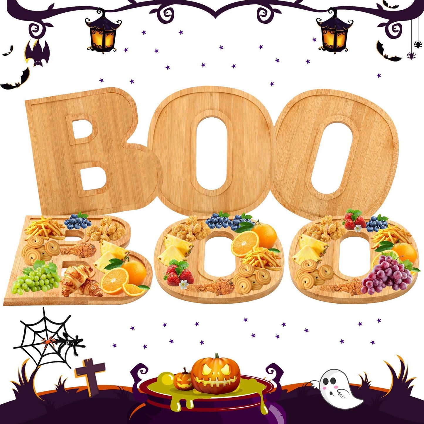 AUGSUN 53Pcs Halloween Charcuterie Board Set, 3 BOO Halloween Cheese Board Wooden Serving Platter with 50 Plastic Toothpicks for Party Buffet Supplies for Home Outdoor Party Decoration