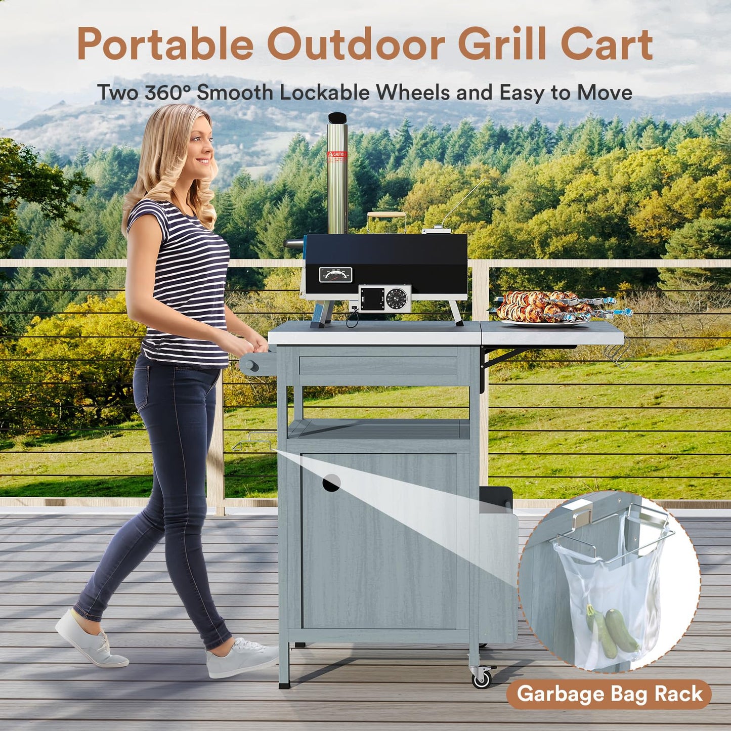 Zevemomo Outdoor Grill Cart with Drop Leaf, Stainless Steel Tabletop Outdoor Kitchen Island, Solid Wood Outdoor Buffet Cabinet with Drawer, Towel Rack, Lockable Wheels for Grilling, Gray-Blue