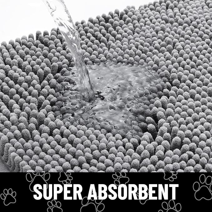 Smiry Dog Door Mat for Muddy Paws, Absorbent Dirt Trapper Non Slip Quick Dry Washable Chenille Mat for Mud Dogs, Entry Rug for Indoor and Outdoor (40x24 Inches, Grey and Black)