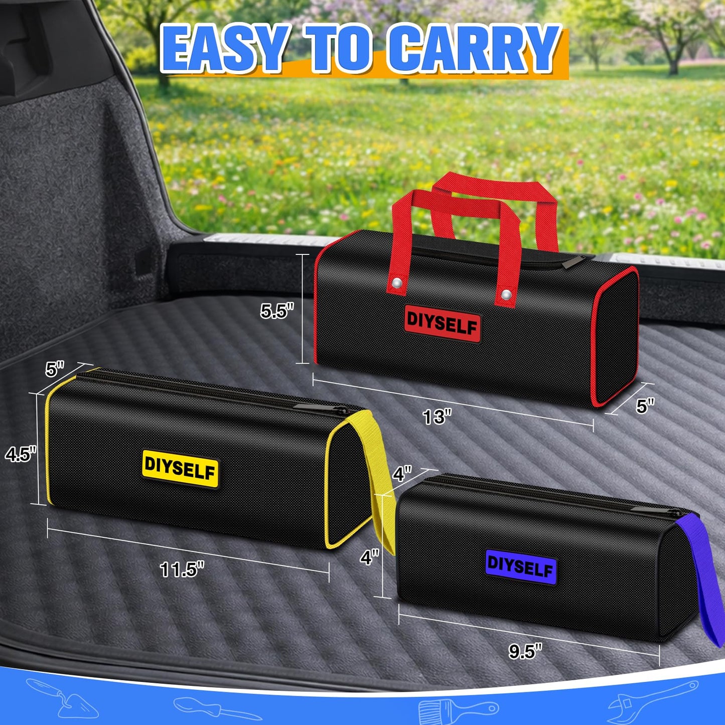 DIYSELF 3 Pack Tool Bag, Mixed Sizes up to 13" Portable Tool Bags for Men, Mechanics, Heavy Duty Storage Tools Bag with Handles, Waterproof Soft Utility Bag for Car, Mens Gifts for Dad, Him, Husband