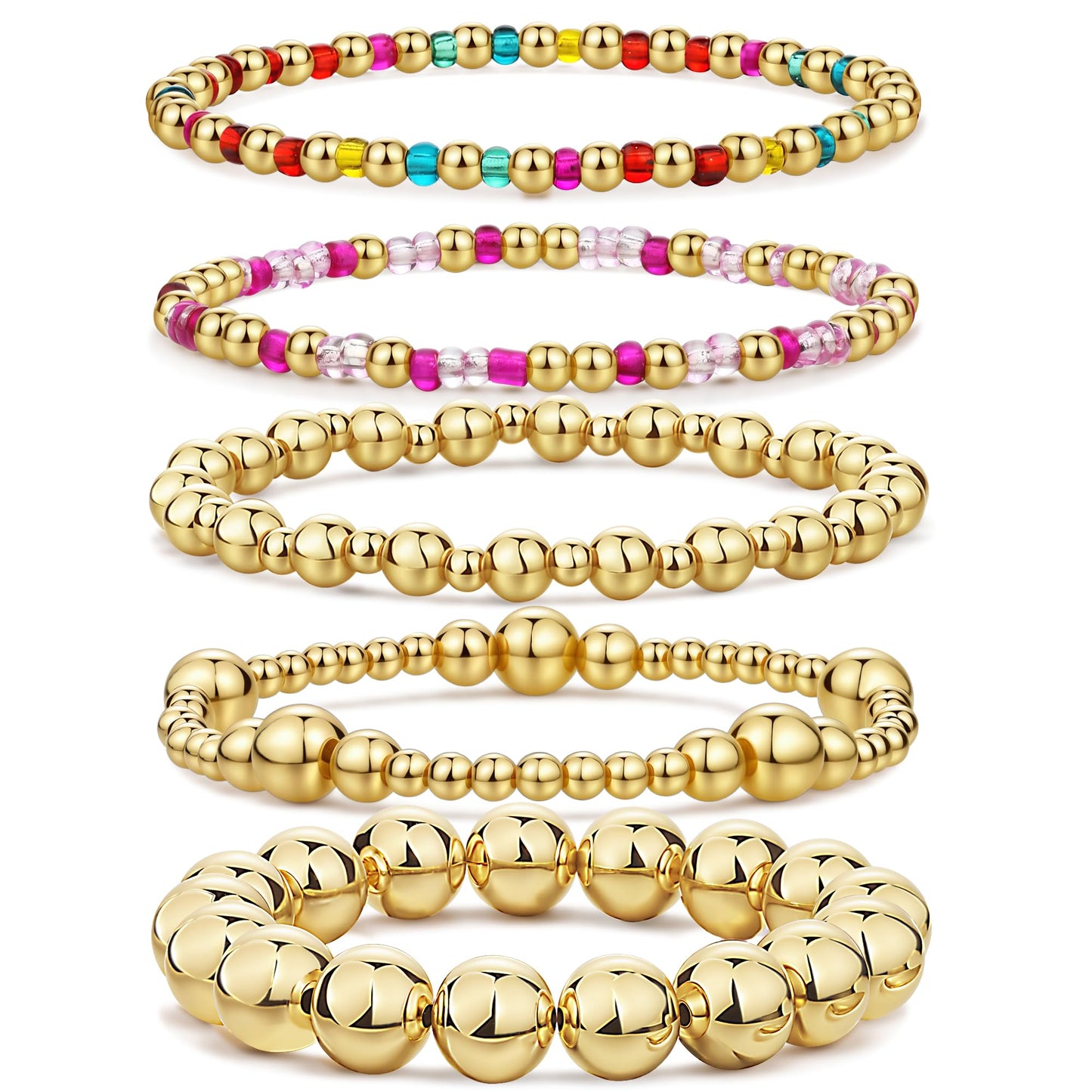 Qiuseadu Chunky Gold Beaded Stack Bracelets Beads Ball Cross Colorful Statement Bracelets Set for Women (Pink Bead Edition)