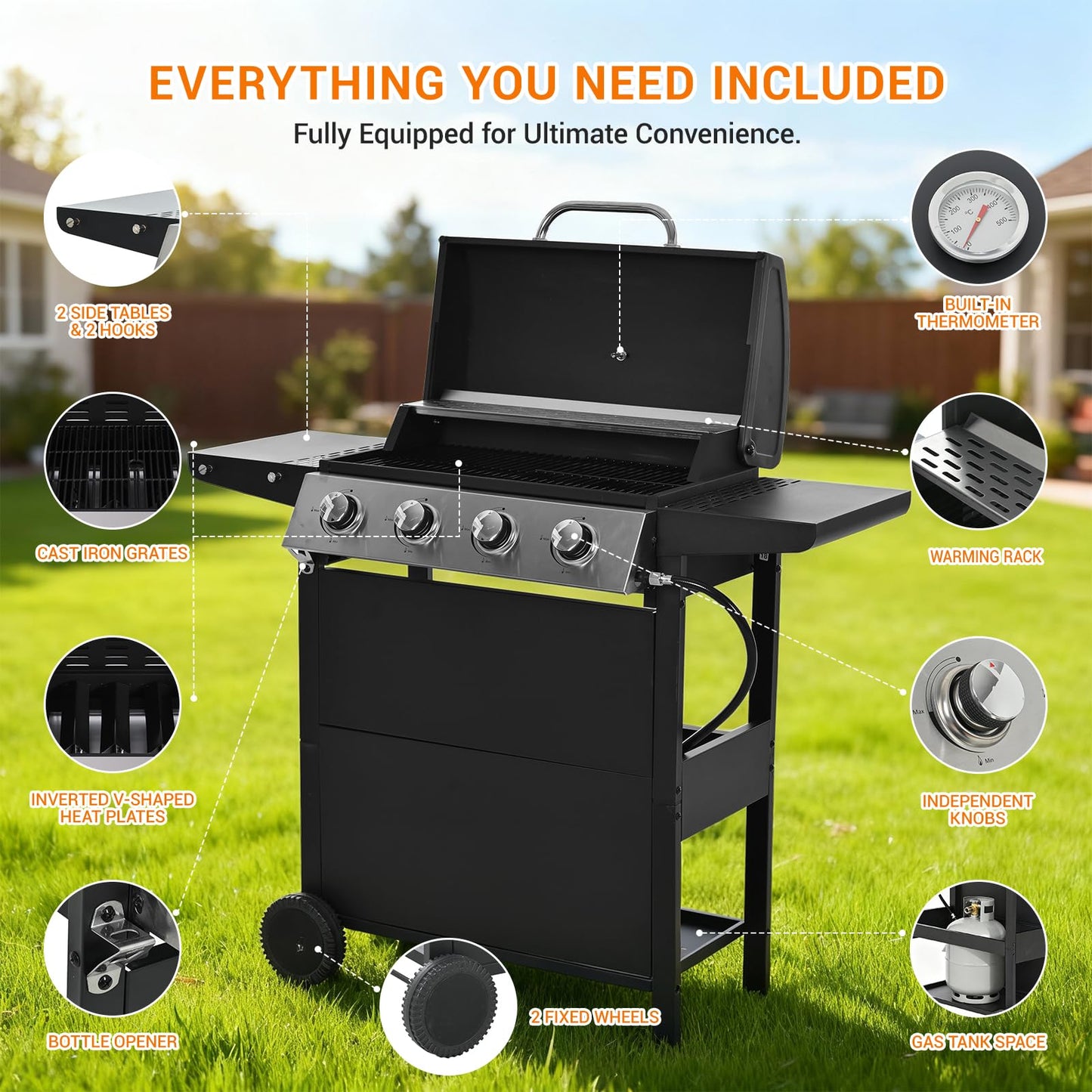 EUHOME 4-Burner Gas Grill with Side Burner & Cover, 51000 BTU Stainless Steel Outdoor BBQ Grill, 452 sq.in Cooking Area, Ideal for Backyard, Patio Large Gatherings