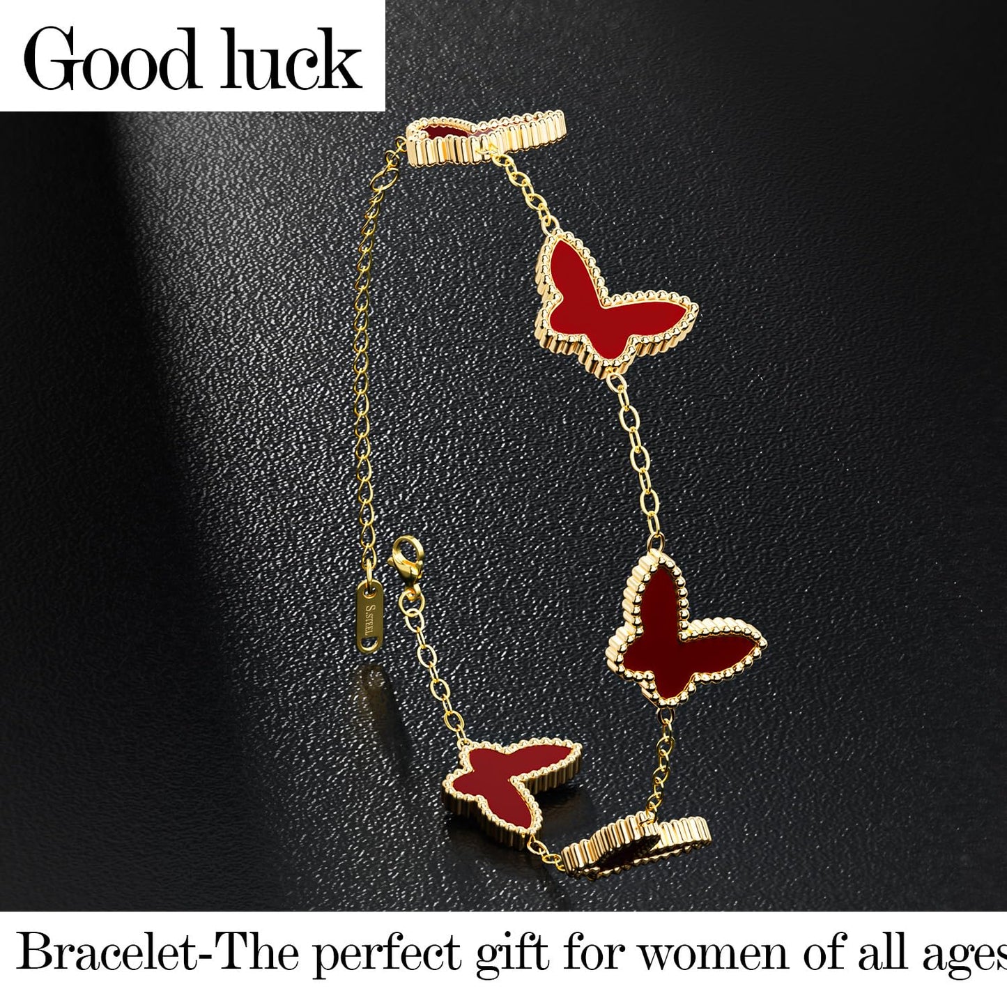 AICase 18K Gold Plated Clover Bracelet Dupes Black Bracelet Set for Women Butterfly Flower Leaf Lucky Clover Bracelets Trendy Jewelry Birthday Gifts for Women/MoM/Friends_Wine Red