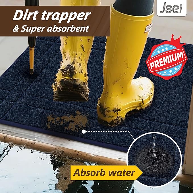 JSEI Entryway Rugs Doormat 32"x48", Non-Slip Dirt Trapper Door Mats Indoor, Washable Absorbent and Stain Resist Welcome Floor Mat for Front Door, Dog Door Mat, Dirty Wet Shoes & Paws, Navy Blue