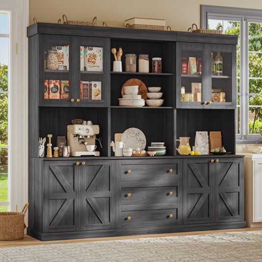 71" Black Farmhouse Kitchen Pantry Cabinet Set of 3— Freestanding Coffee Bar with Glass Doors or Drawers, Microwave Stand, Large Storage Hutch with Adjustable Shelves for Living Room and Kitchen