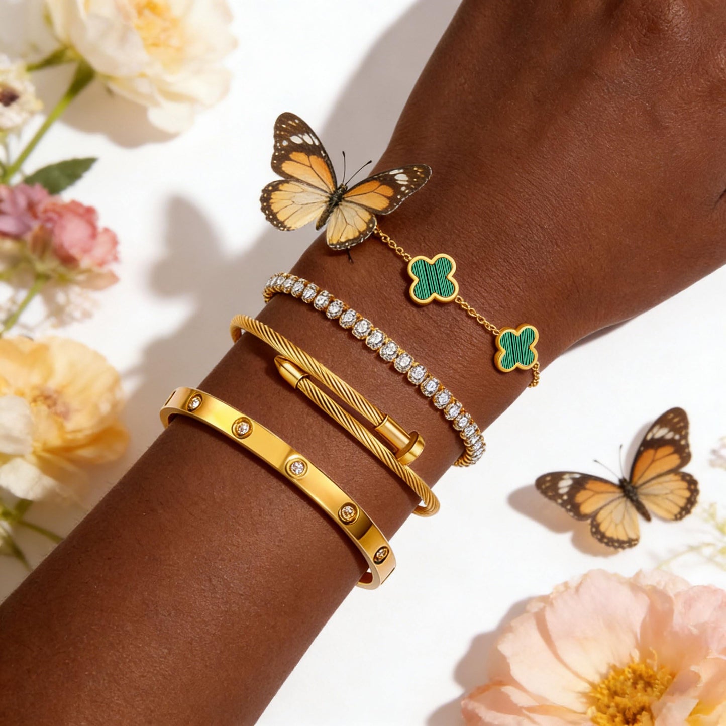Gold Bracelets for Women, 18K Gold Plated Women Tennis Bracelets Clover Nail Love Bangle Bracelet Set, Gold Bracelet Stackable Set Trendy Jewelry, Gifts for Women's Day and Mother's Day (11-Color- 4 Green)