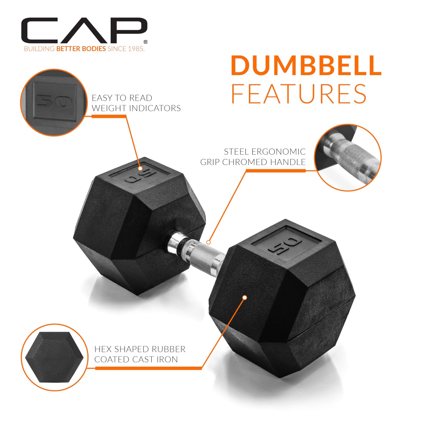 CAP Barbell 50 LB Rubber Coated Hex Dumbbell Hand Weight - Pair | Chrome Handle