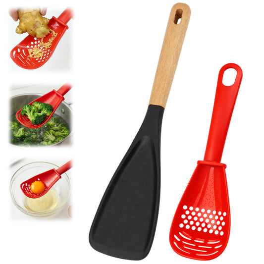 2 Pieces Multi Function Spoon Spatula Set, Multifunctional Kitchen Utensils, 6 in 1 Silicone Slotted Spoonula with Wood Handle, Non Stick Scratch Heat Resistant Design Cookware for Serving & Stirring