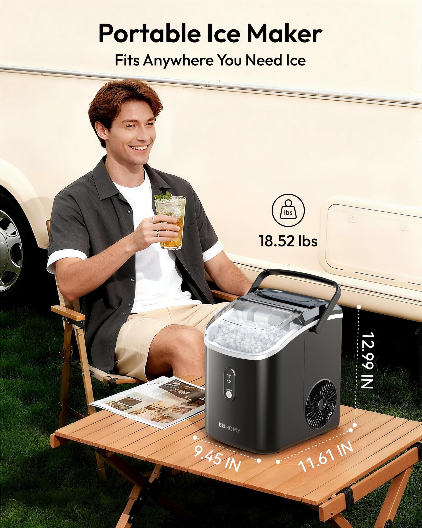 EUHOMY Nugget Ice Maker Countertop with Handle, Ready in 6 Mins, 35lbs Per Day, Removable Top Cover, Auto-Cleaning, Portable Sonic Ice Maker with Basket and Scoop, for Home/Party/RV/Camping