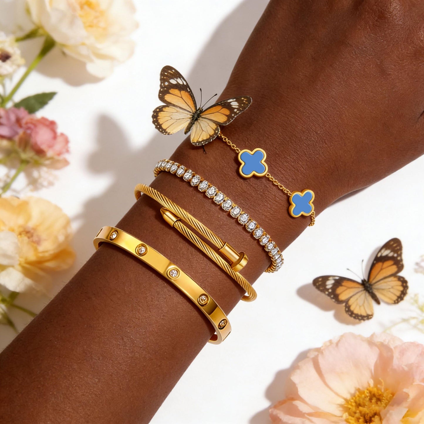 Gold Bracelets for Women, 18K Gold Plated Women Tennis Bracelets Clover Nail Love Bangle Bracelet Set, Gold Bracelet Stackable Set Trendy Jewelry, Gifts for Women's Day and Mother's Day (13-Color- 4 Blue)