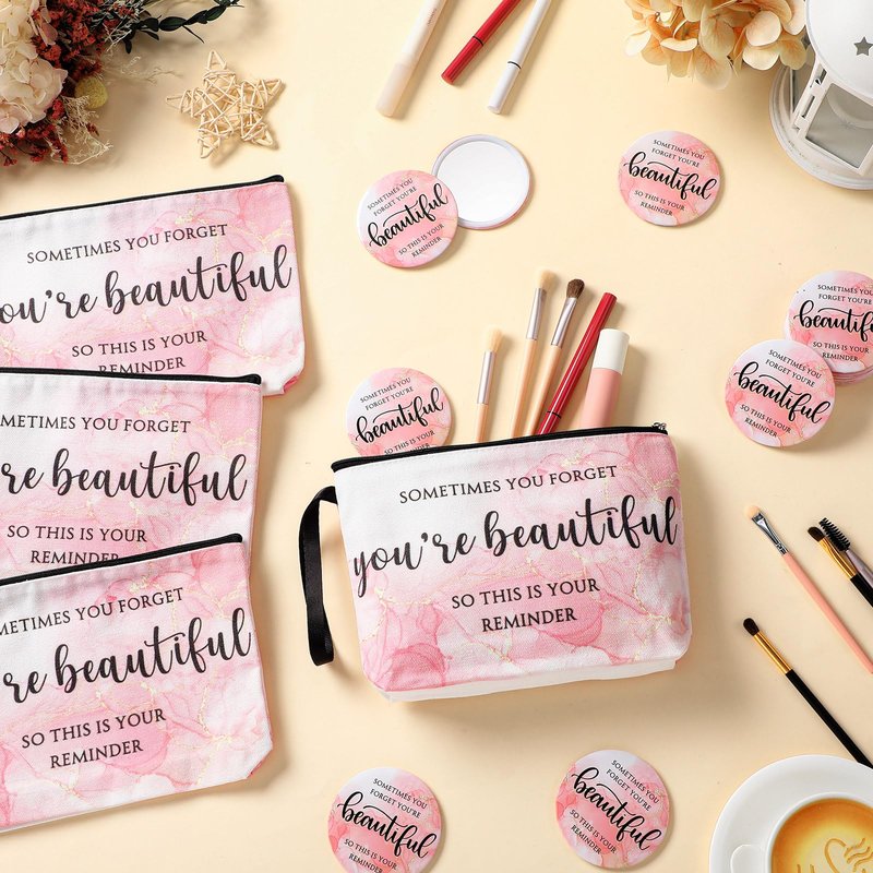 Beeveer 20 Sets Pink Inspirational Gift for Women, Appreciation Gift Bulk for End of Year Teacher, Sometimes You Forget You're Beautiful Makeup Bag and Compact Mirror for Mother Client Nurse Employee