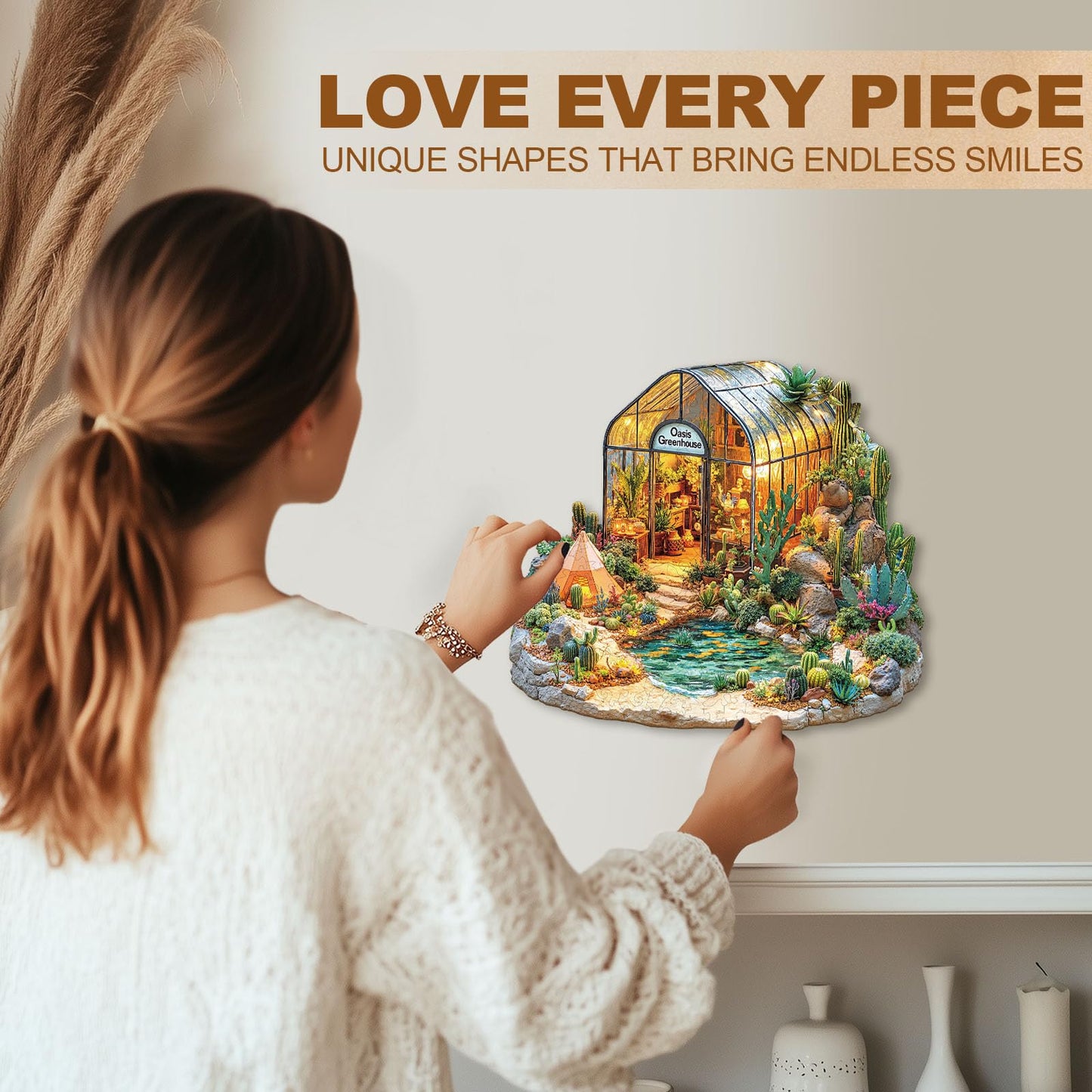 Wooden Puzzles for Adults, Oasis Greenhouse Wooden Jigsaw Puzzle, Wood Puzzles Adult, Unique Shape 3D Visual Flat Puzzle Home Decor Gifts for Puzzle Lovers & Friends (M-11.4 * 10.2 in-175pcs)