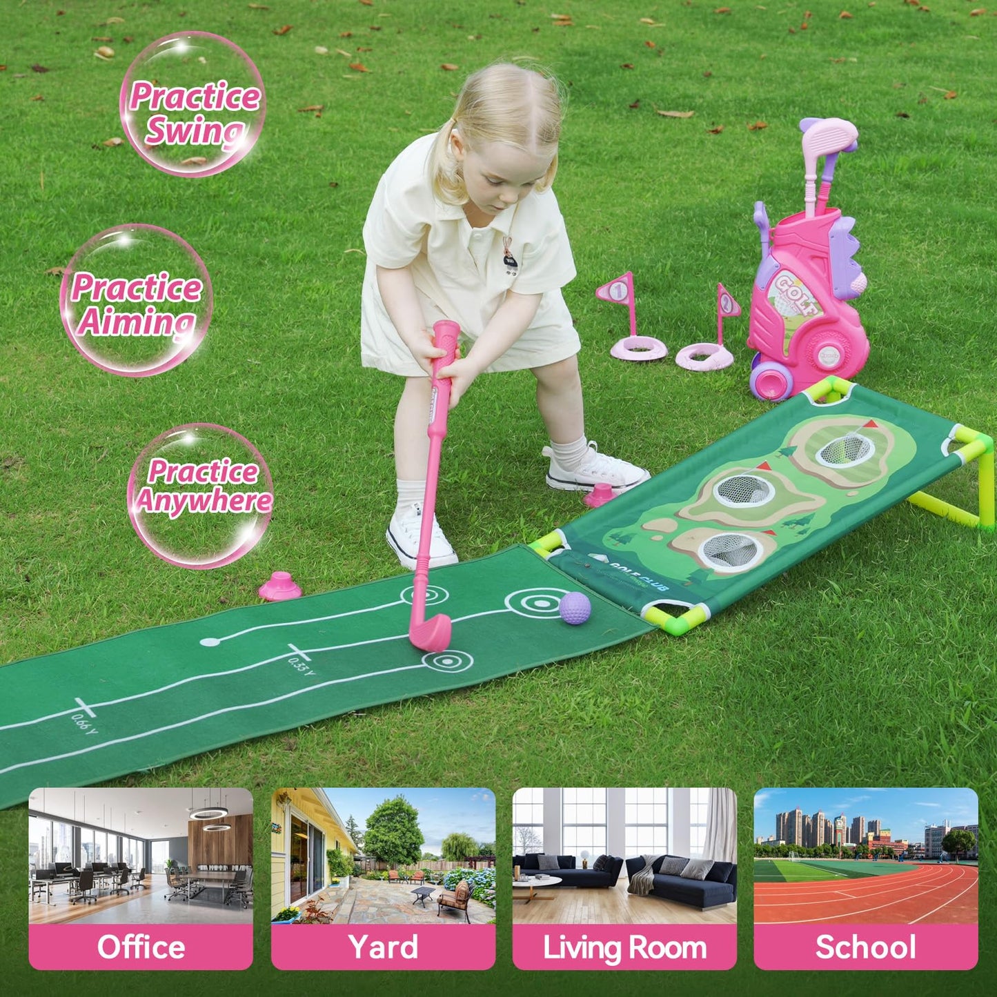 Liberry Toddler Golf Set for 2 3 4 Years Old Girls Boys, Upgraded Kids Golf Cart with Golf Cornhole Board & Putting Mat, Indoor and Outdoor Golf Toys Birthday Gift, Pink