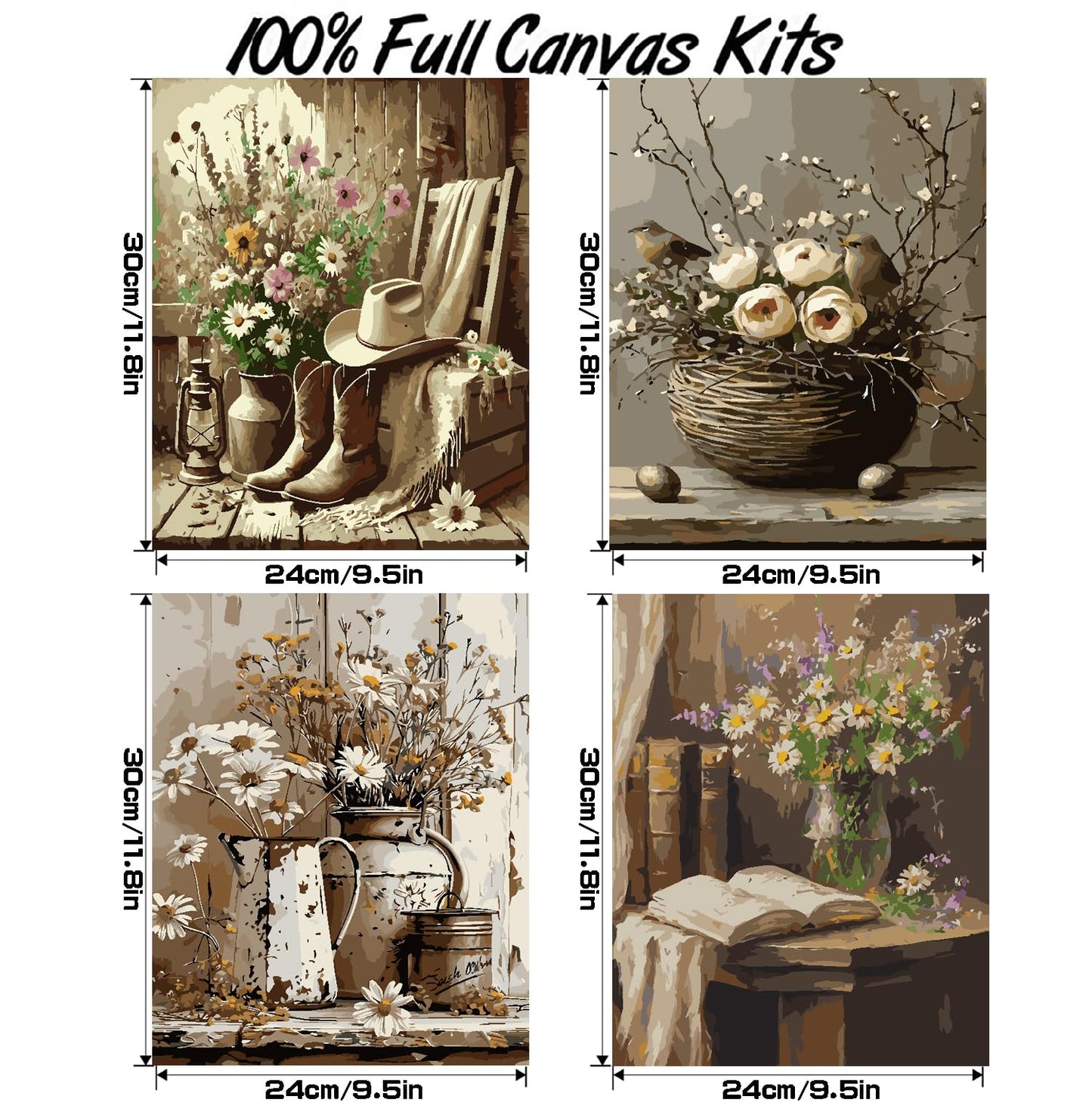VIGEGU 4 Pack Paint by Numbers Kit for Adults Beginner with Frame Retro Floral,Paint by Numbers Oil Painting DIY Crafts for Adults Home Wall Decor 9.5x11.8inch