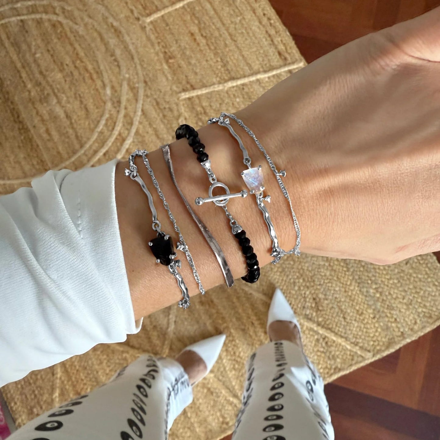 Moon Magic Moonstone Bracelet for Women | Black Obsidian, Rose Quartz Bracelet/Real 925 Sterling Silver | 18k Rose & Yellow Gold Rainbow Genuine Moonstone Jewelry for women | June Birthstone Bracelet