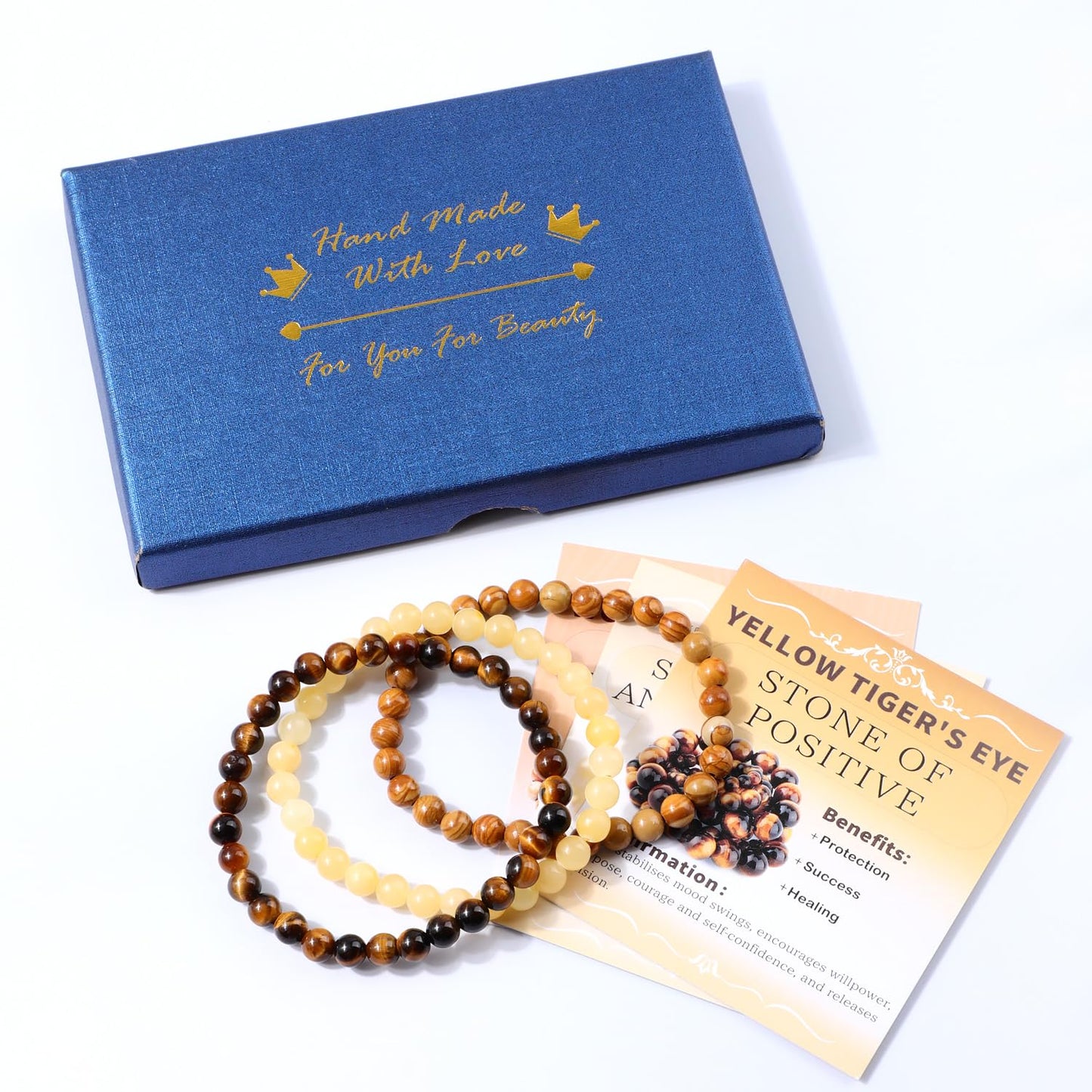 NCB 3-Piece 6mm Natural Crystal Gemstone Stretch Bracelets – ﻿Woodgrain Jasper, Yellow Jade, Yellow Tiger's Eye Handmade Reiki Energy Healing Jewelry for Meditation,Yoga, Unisex