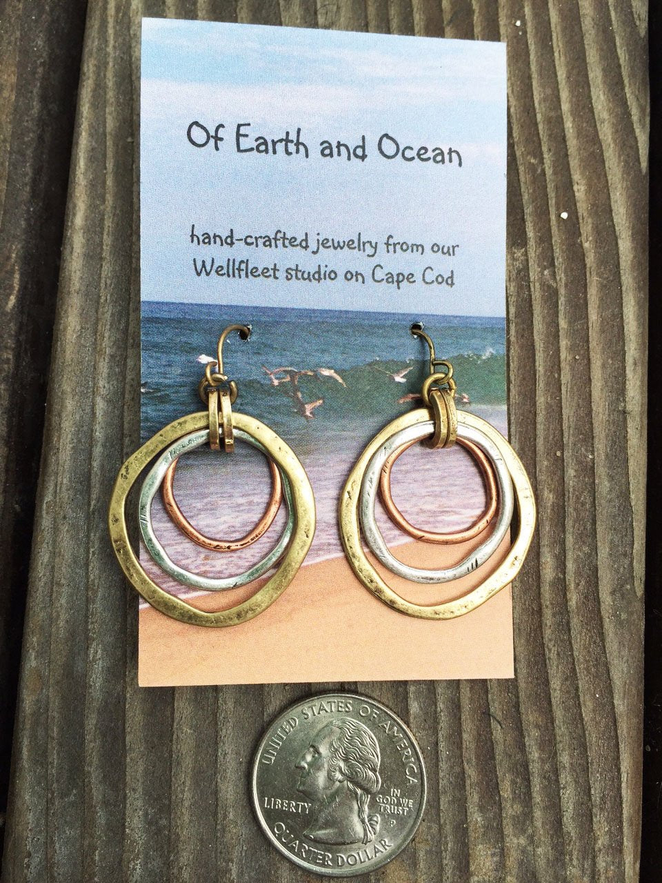 Handmade Sunrise Earrings – Cape Cod USA Award-Winning Artist Judith Stiles – Lightweight Mixed Metal Dangle Earrings – Hammered Brass, Copper & Silver Tone Circles – Coastal Beach Jewelry, Boho Style with a Yoga Heart – A Great Gift for Women