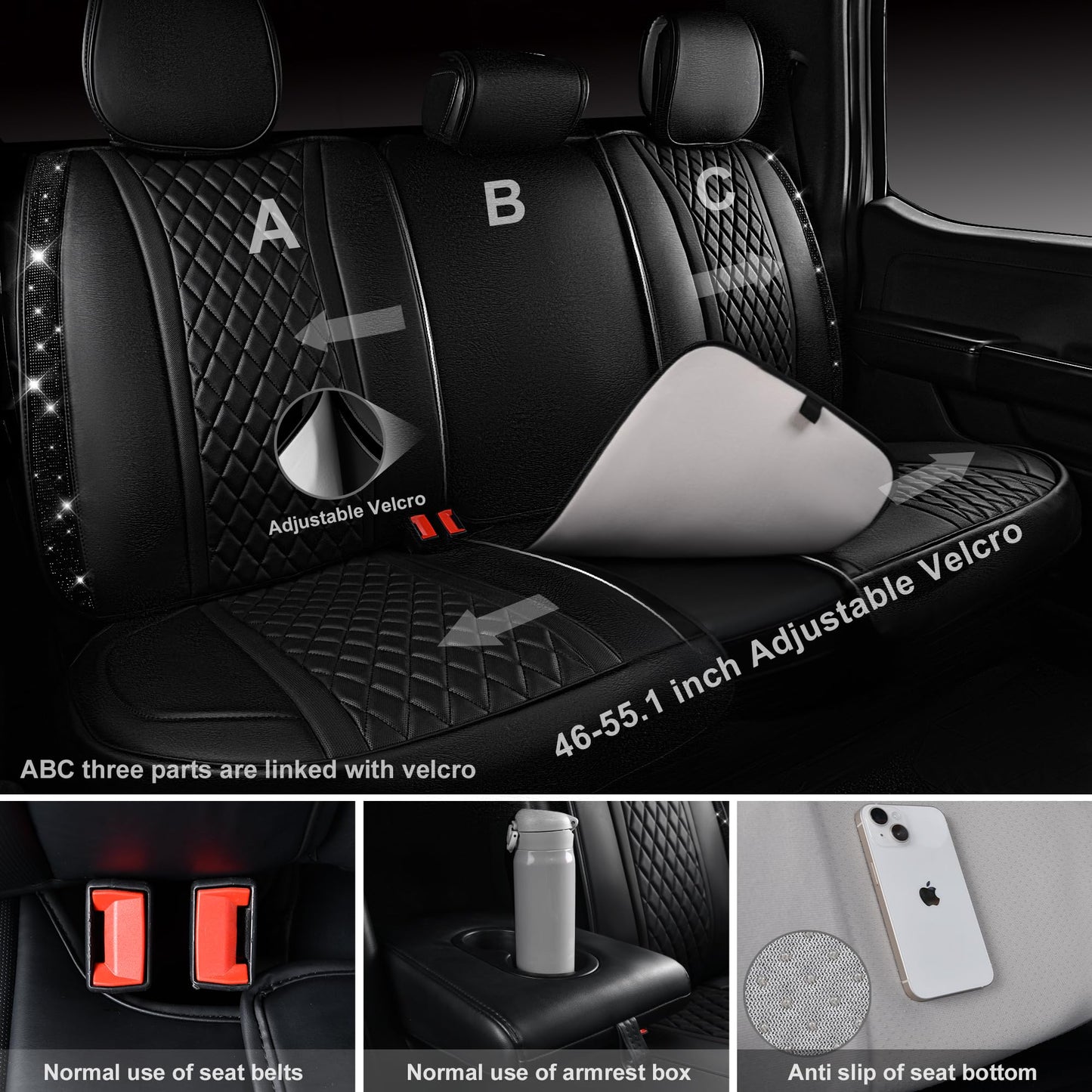 CAR Pass Bling Car Seat Covers, Microfiber Nappa Leather Luxury Cushioned, Waterproof Heavy-Duty Anti-Slip Universal Fit for Auto SUV Sedan, Sparkly Glitter Shining Rhinestone Full Set, Black Diamond