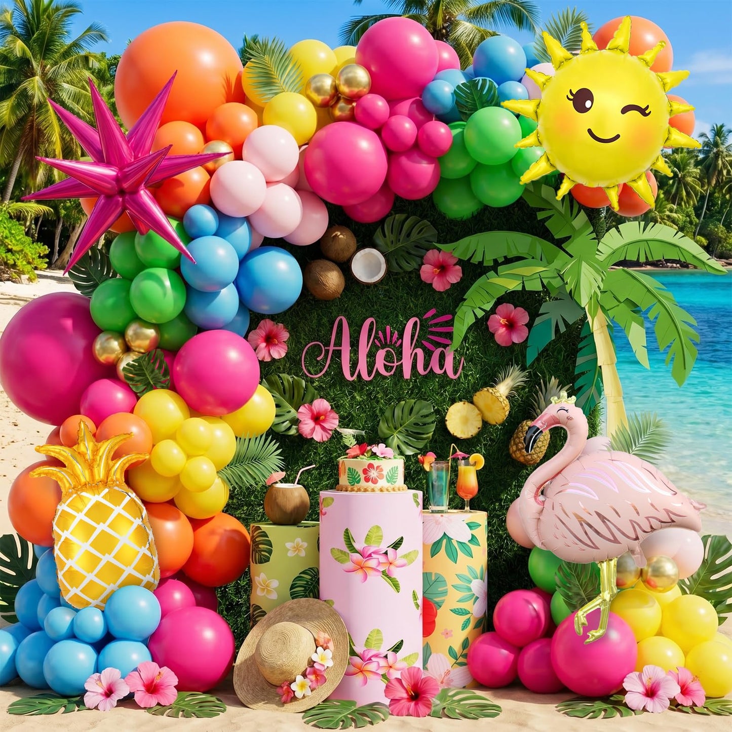 Flamingo Tropical Luau Balloon Arch Garland Kit, Hot Pink Green Yellow Blue Orange Gold Hawaiian Flamingo Pineapple Foil Balloons, Palm Leaves for Summer Beach Aloha Pool Birthday Party Decorations