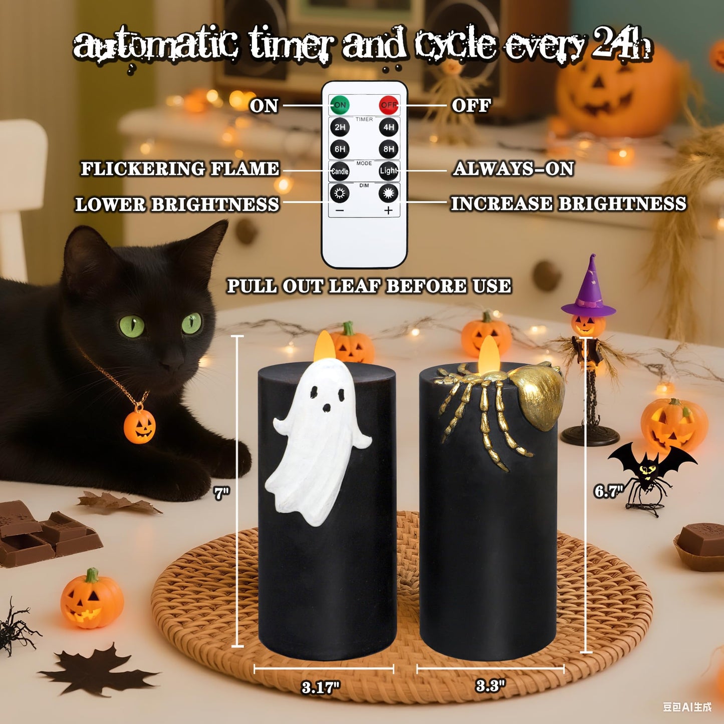 Silverstro Halloween Flameless Candles with Remote & Timer, Real Wax Hand-Carved Painted Ghost Spider LED Candles for Home Party Haunted House Horror Theme Halloween Decor, 3" x 7"" Set of 2"