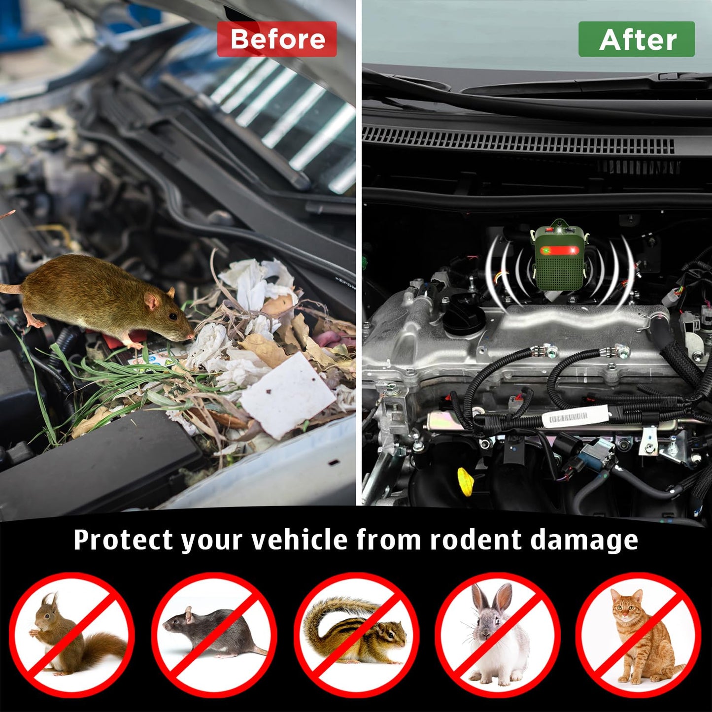 Glaobule Mouse Repellent Battery Operated Rodent Repellent for Car Engines Under Hood Ultrasonic Mice Repeller for Cars Indoor Garage RV Attic Rat Deterrent