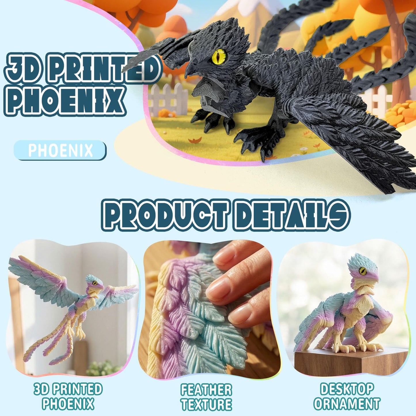 9.2 Inch 3D Printed Peacock Toy,Articulated Flexible 3D Printed Animal Decor,3D Printed Phoenix Bird,Interesting Toys for Autism/ADHD,Fidget Toys, Executive Desk Animals Toy (Blue Green)