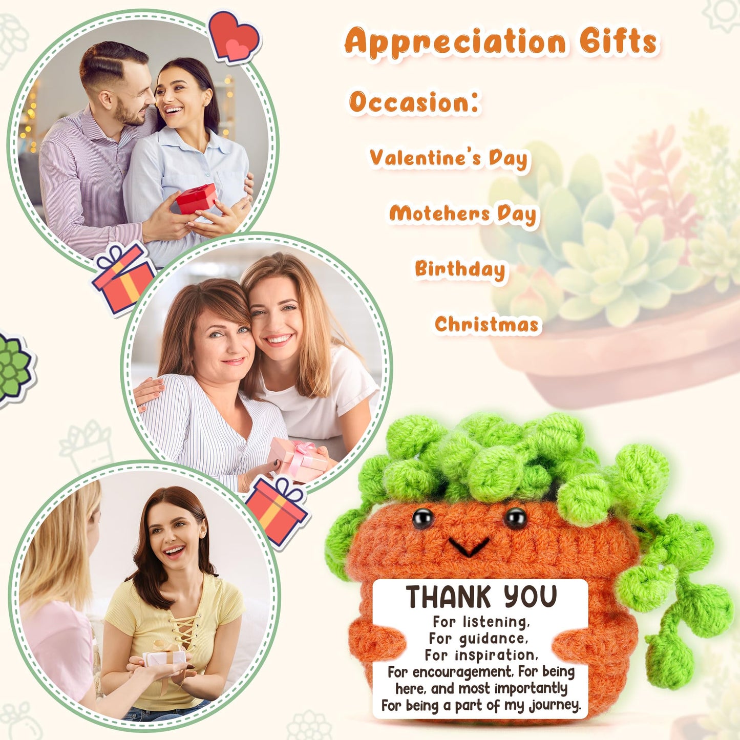 BackURyear Cute Thank You Gifts for Women, Small Grateful Birthday Gift for Female Friends Teacher, Office Gift for Coworkers Bestie Boss Lady, Crochet Plant