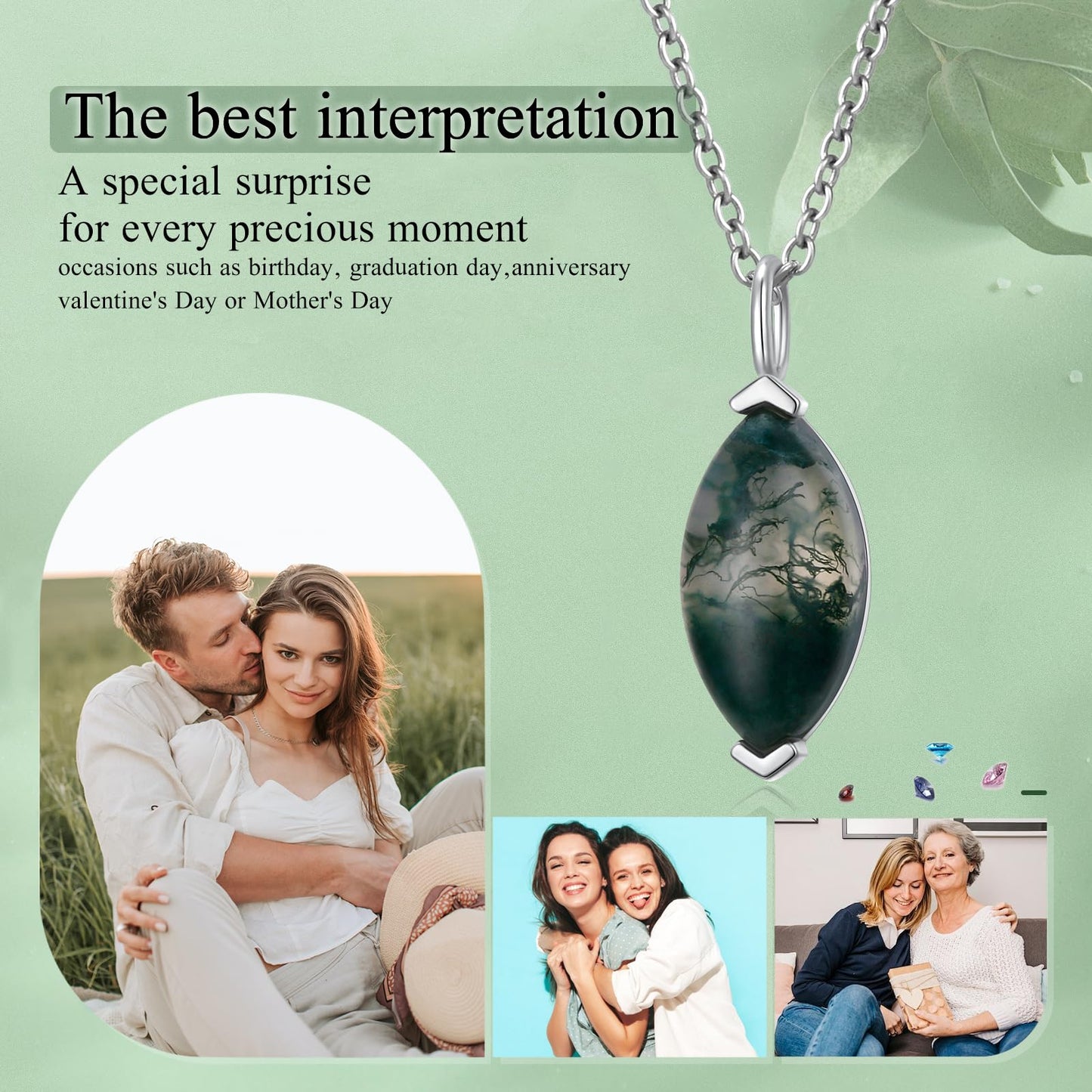 FLYOW Dainty Marquise Necklace 925 Sterling Silver Natural Moss Agate Solitaire Pendant Jewelry for Women Birthday Gifts (Moss Agate Marquise)