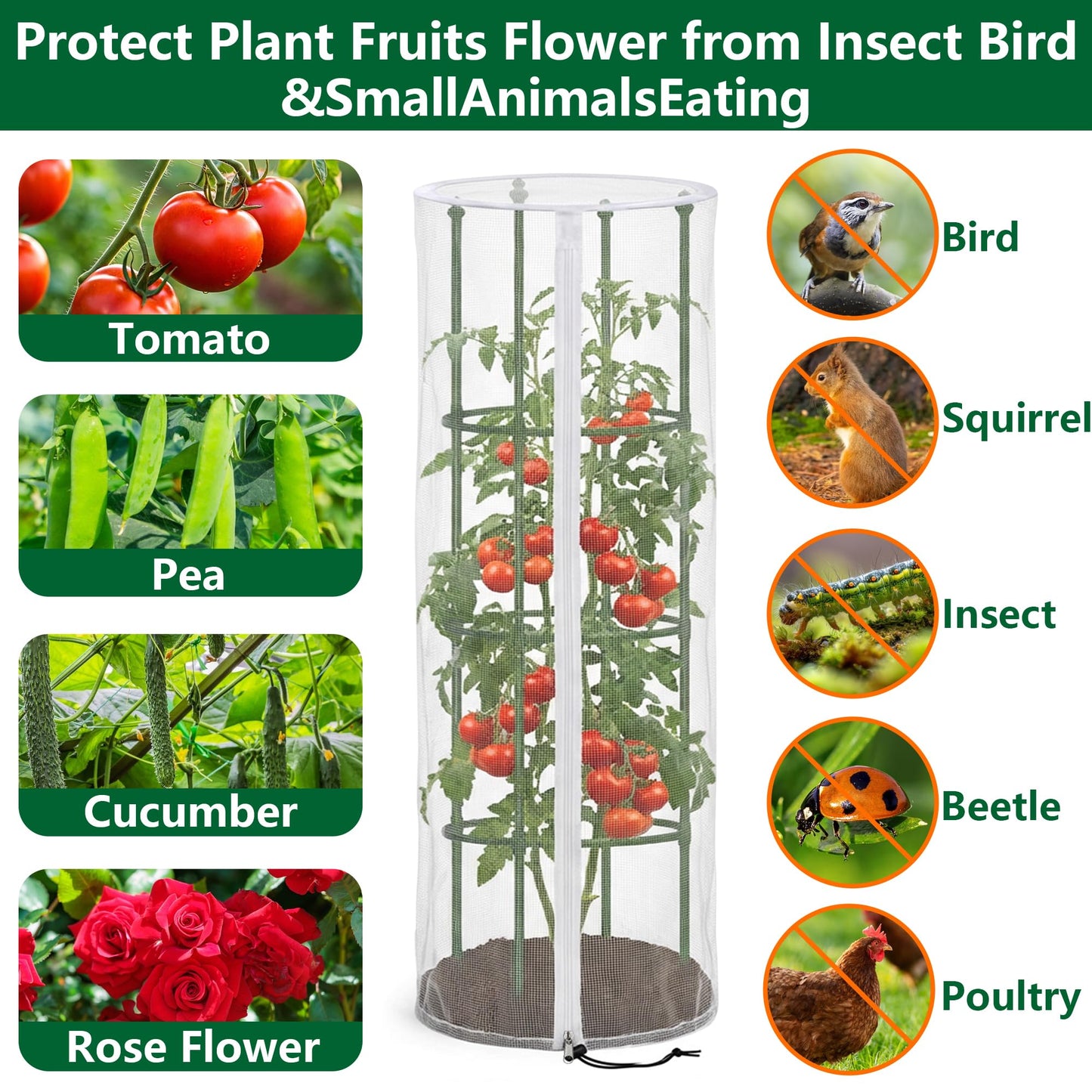 4 Pcs Garden Bird Netting Cover for Round Tomato Cage, 59" x 18" Tomato Trellis Insect Barrier Protection Mesh, Plant Cage Garden Net Cover with Zipper for Vertical Climbing Plants Vegetables Fruits