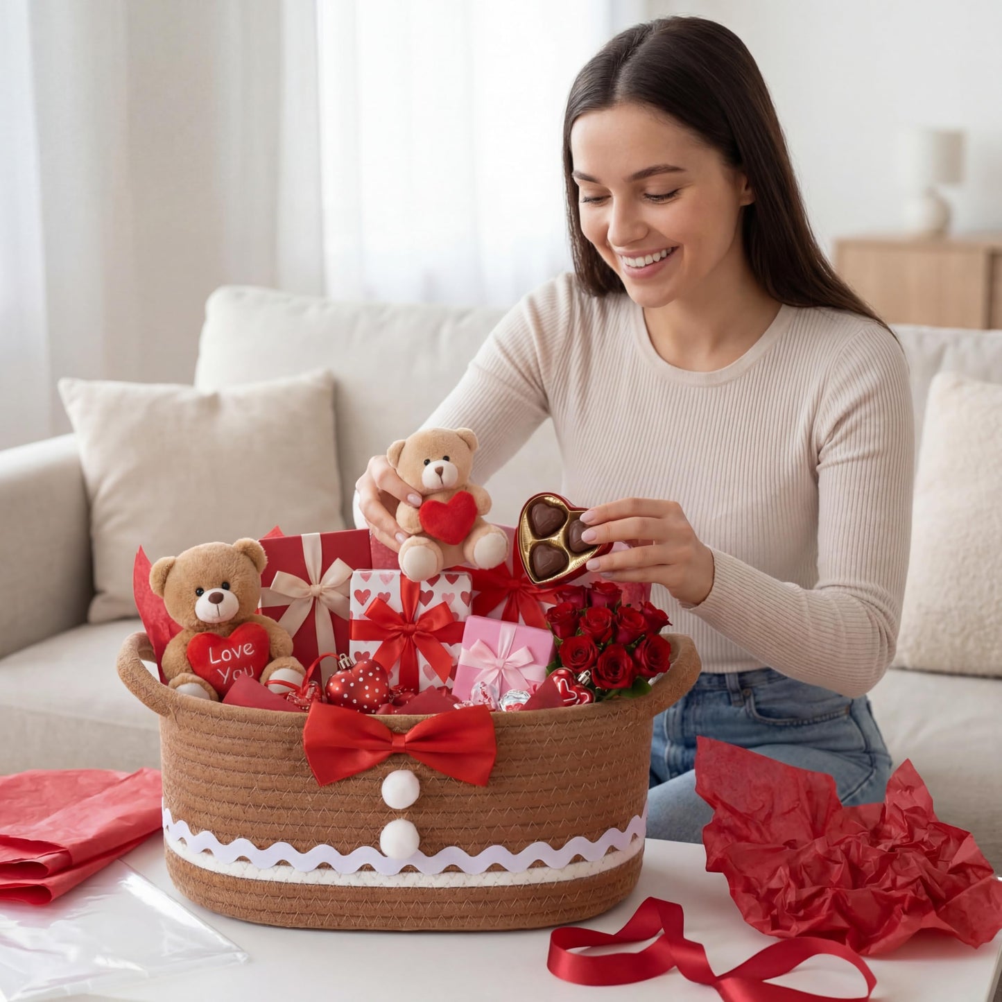 Zopeal Valentine's Day Woven Basket with Gift Bag, Ribbon and Red Tissue Paper Gingerbread Man Woven Bin Empty Shelf Basket Holiday Decorative for Xmas Gifts, 12 x 8 x 5 Inch