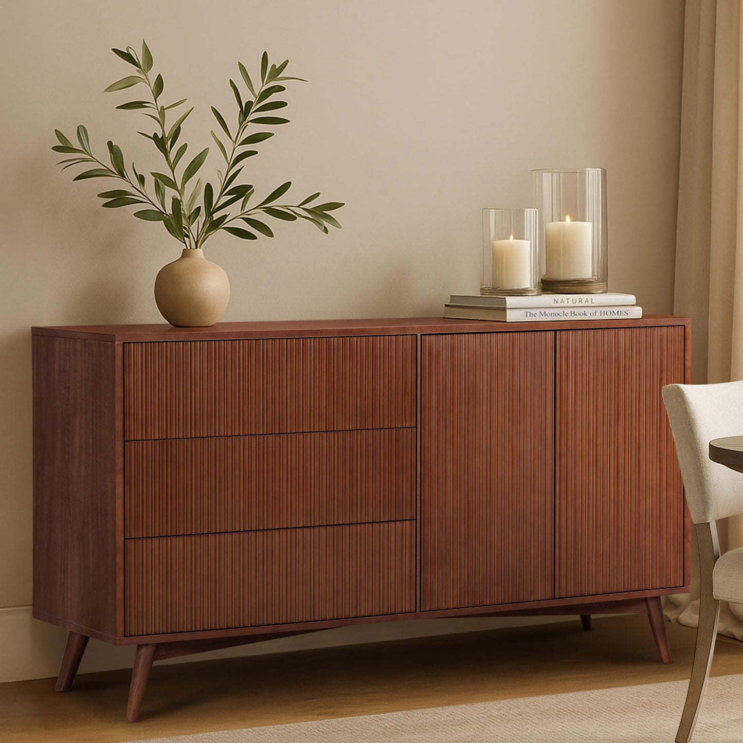 Teamson Home Tremolo 55″ Wide Sideboard Cabinet with 3 Deep Drawers & 2 Push-Open Doors, Adjustable Shelf & Solid Rubber Wood Feet, Fluted Fronts in Contemporary Style for Living, Dining Room, Walnut