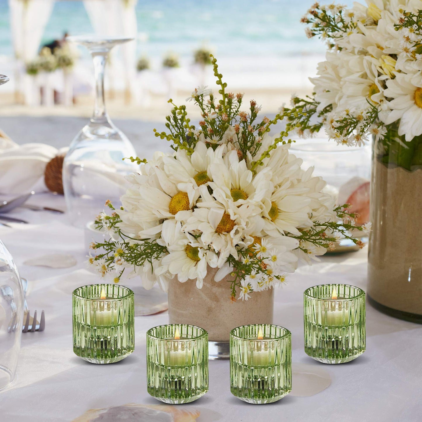 Serene Spaces Living Set of 4 Green Ribbed Glass Votive Holders, Perfect for Weddings and Home Décor, Measures 2.25" Tall and 2" Diameter