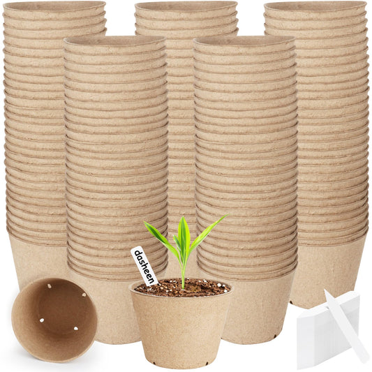 130 Pack Organic Peat Pots, 4 Inch Plant Starter Round Nursery Pot with Drainage Holes, Seedling Nursery Box, Seed Starting Tray, Bulk Garden Germination Paper Pulp Container with 130 Plant Labels