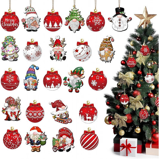 24Pcs Christmas Tree Decorations Set Christmas Dwarf Wooden Hanging Ornaments Red Christmas Ball Design Christmas Ornaments for Tree Winter Home Decoration Holiday Party DIY Crafts