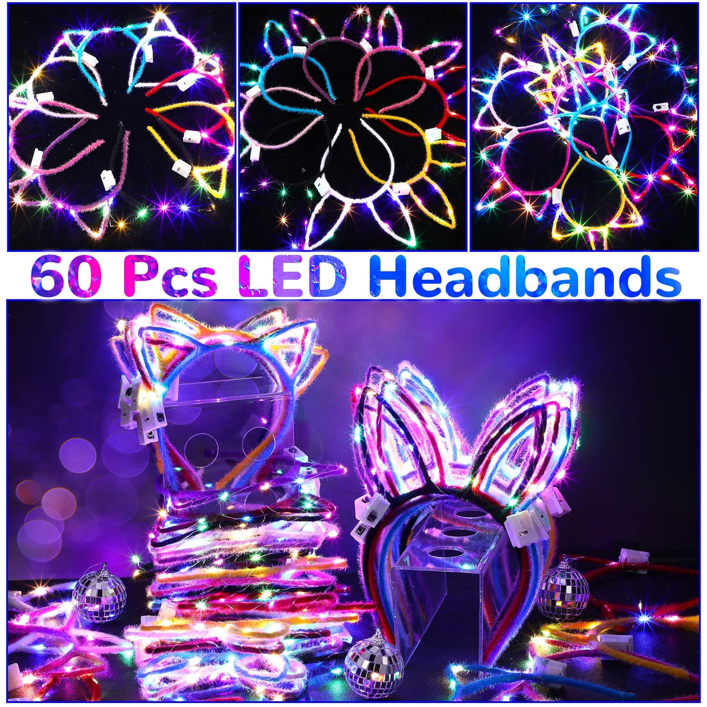 Janinka 60 Pcs Glow in the Dark Headbands Set, Cat Ear Headband Unicorn Rabbit Bunny Lighted Ear Headband Bulk for Valentine's Day Mardi Gras Easter Favors Women Birthday Gift Supplies