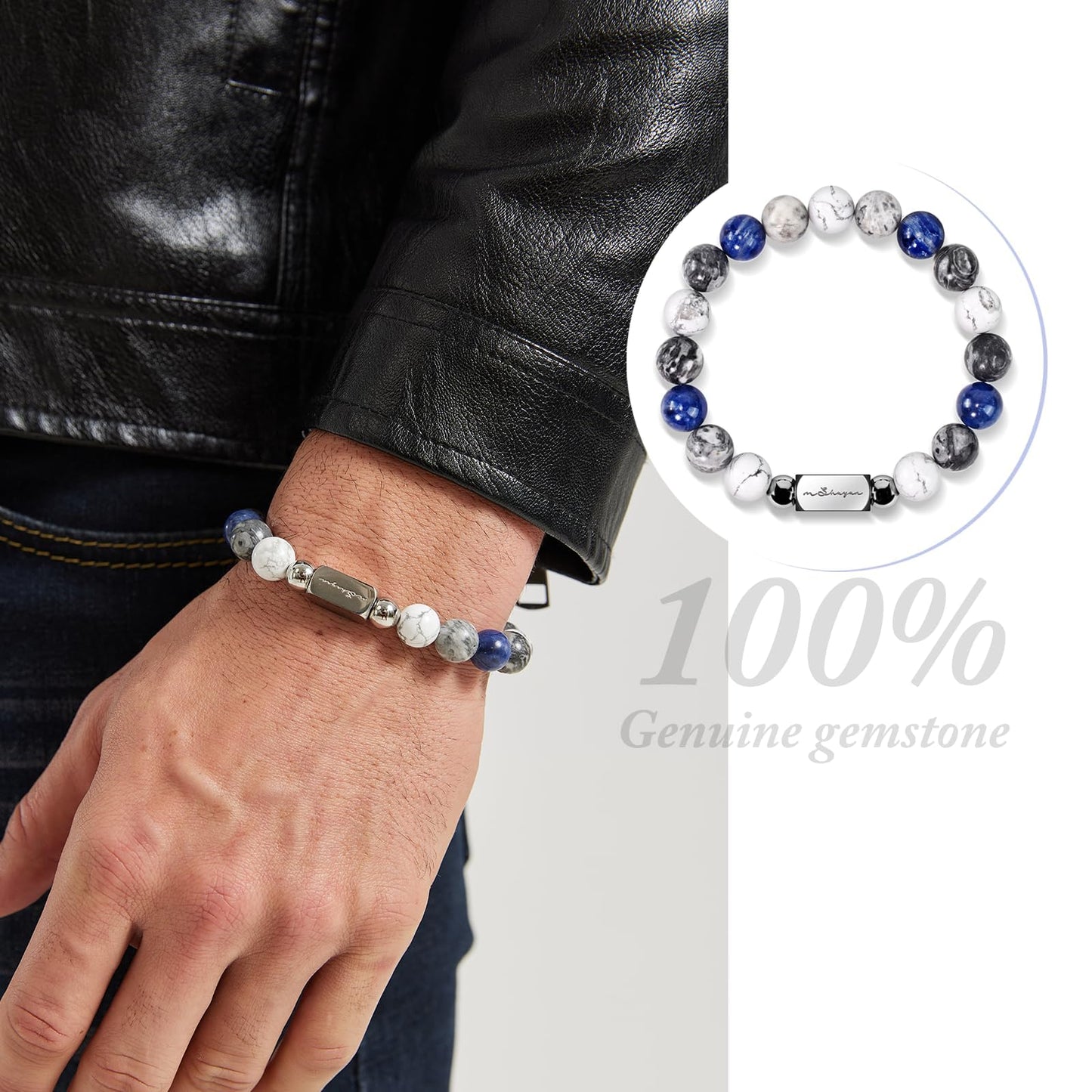 Howlite Natural Gemstone Bracelet for Men, Map Gemstone and Blue Vein Gemstone for Teens Gifts, 10MM Men's Elastic Adjustable Beaded Bracelets for Men, Handcrafted Gifts For Anniversary,Christmas.