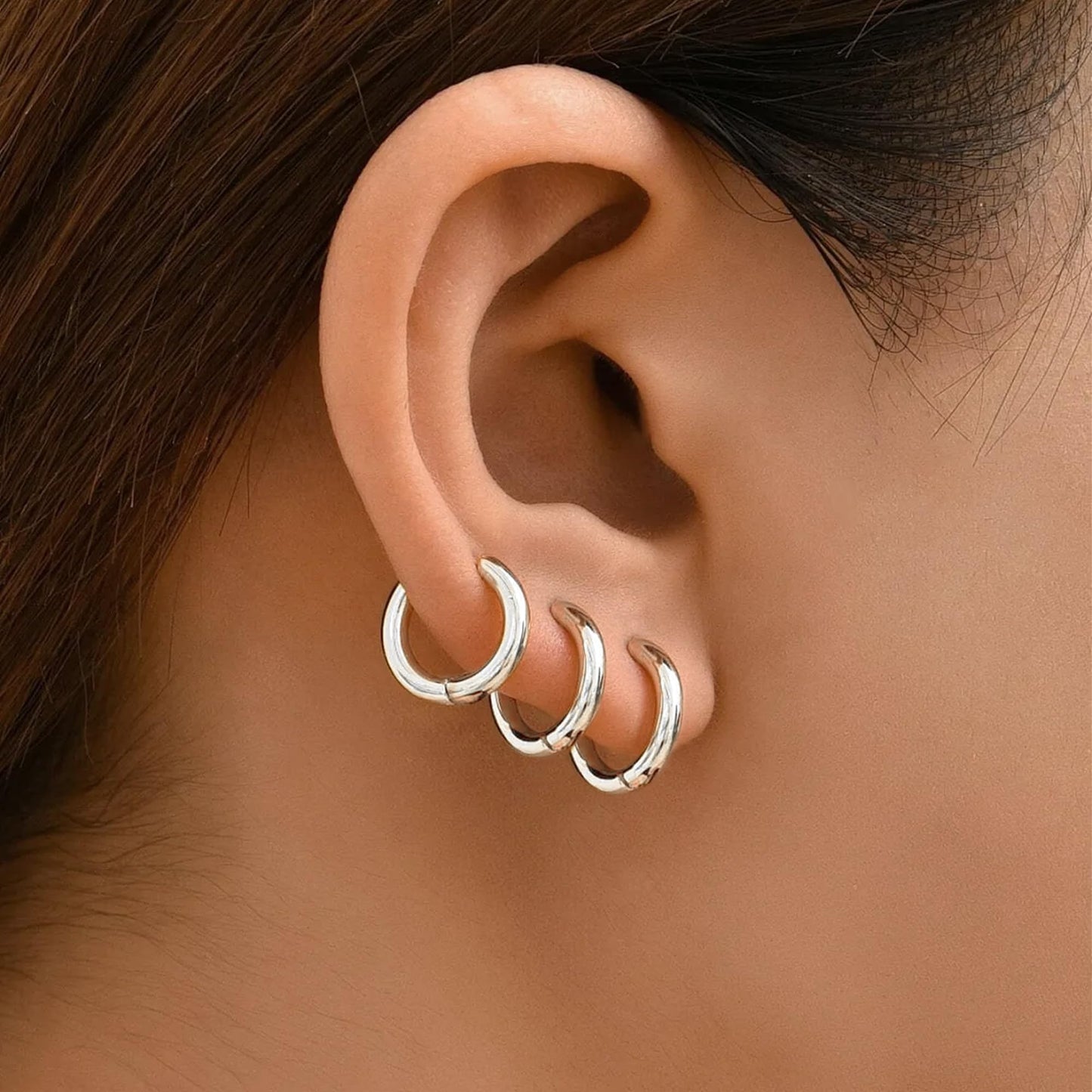 10mm Silver Hoop Earrings for Women Men Silver Plated Stack Cartilage 3 hole Earrings for Multiple Double Piercing Lightweight Clip On Jewelry Gifts for Men