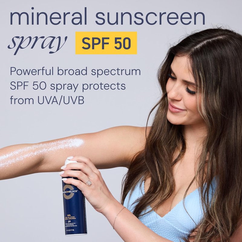 Brush On Block SOL SPF 50 Mineral Spray on Lotion, Non Aerosol Continuous Spray Sunscreen, Water Resistant, Reef Friendly, 6 oz