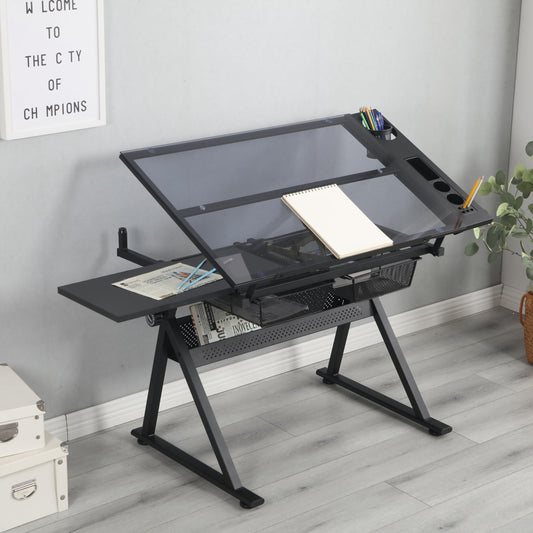 Adjustable Drafting Table with 0-75° Glass Top, Height Adjustable Standing Desk for Artists, Writing Desk for Home Office, Computer Desk with Storage, Black Long Desk for Designers & Art Students,A-1